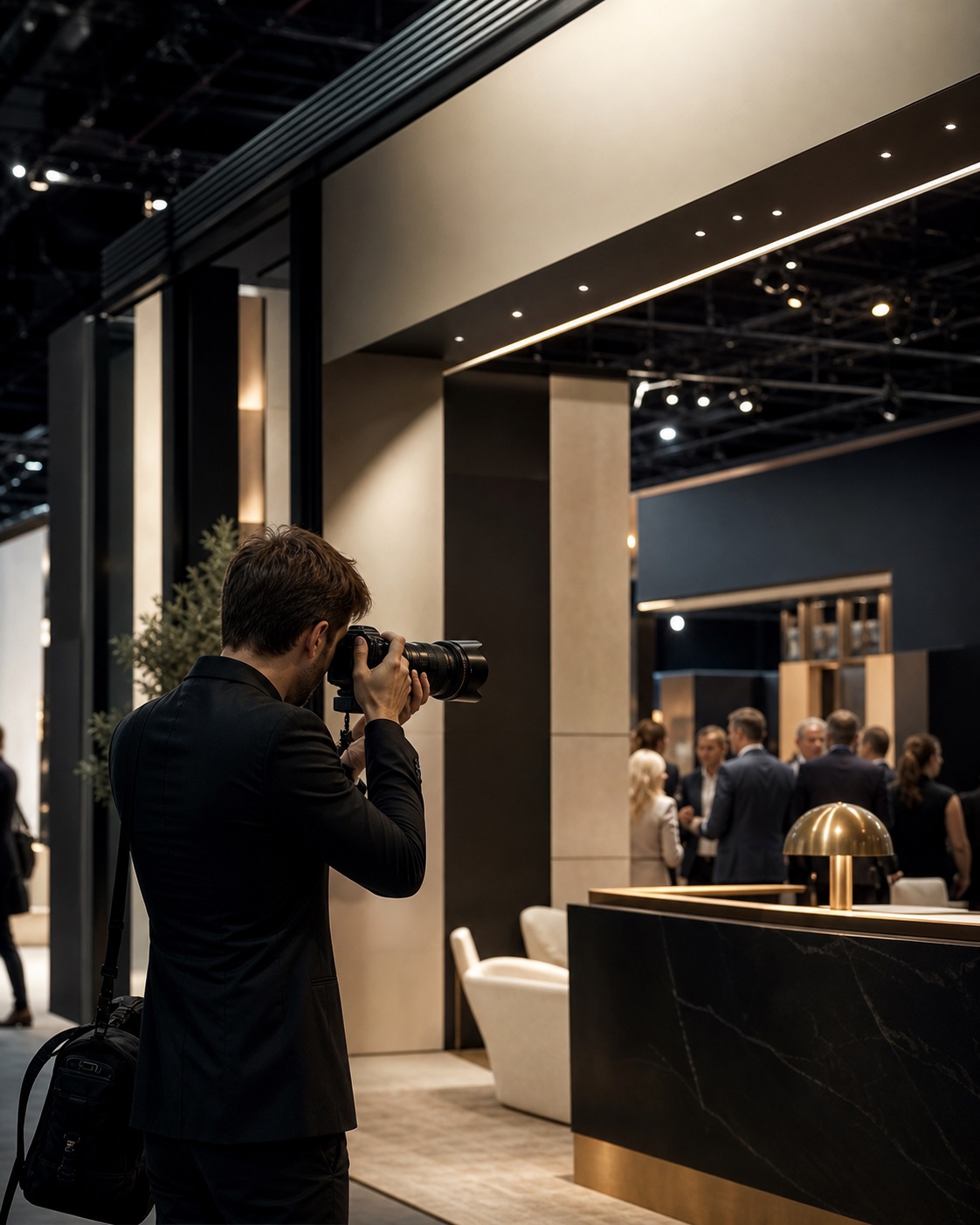 Professional event photographer working inside a premium trade show environment