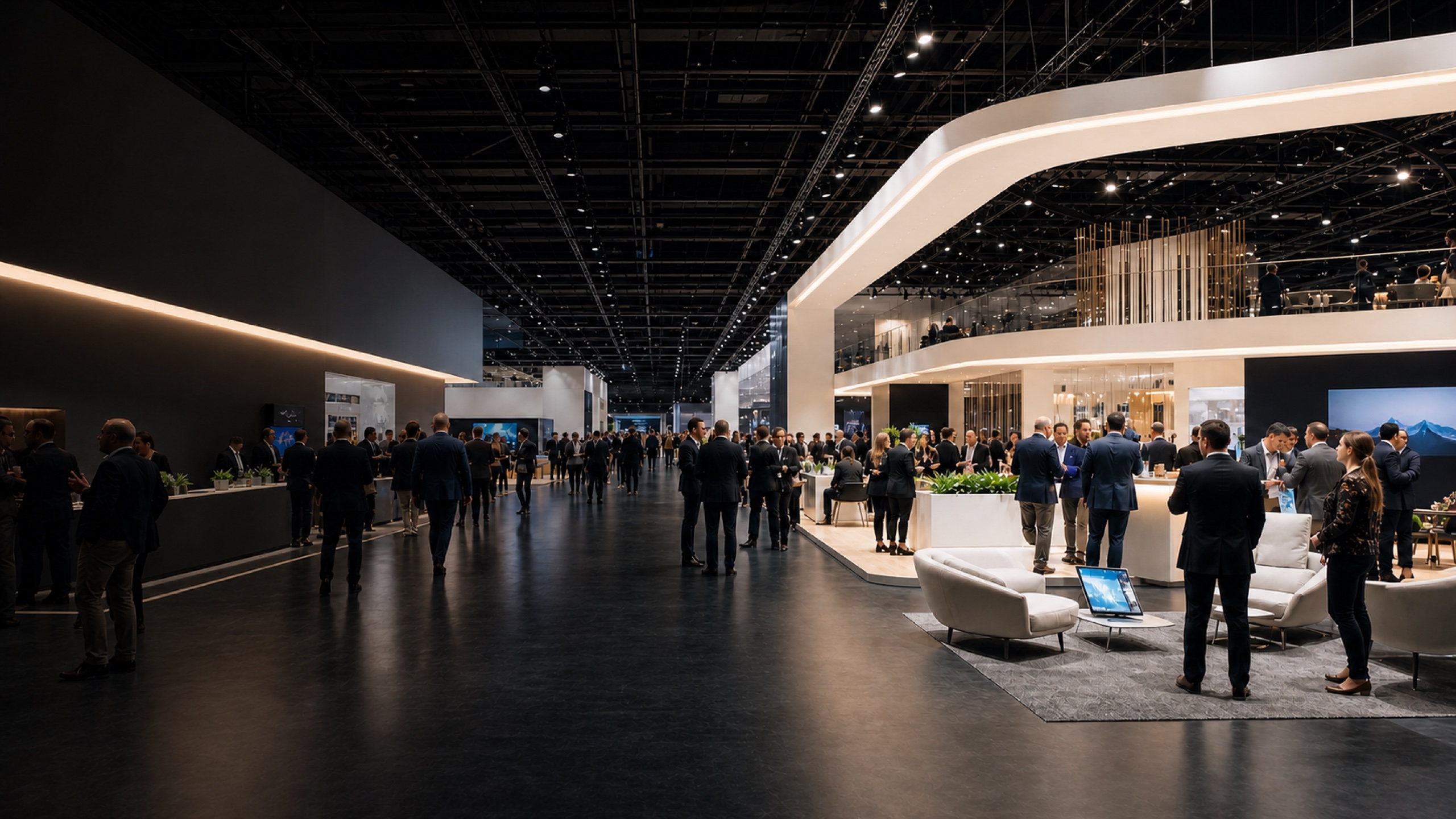 Modern brand environment and professional audience at a business trade show